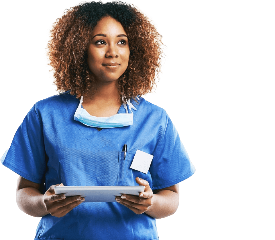 Healthcare professional in blue scrubs with a digital tablet