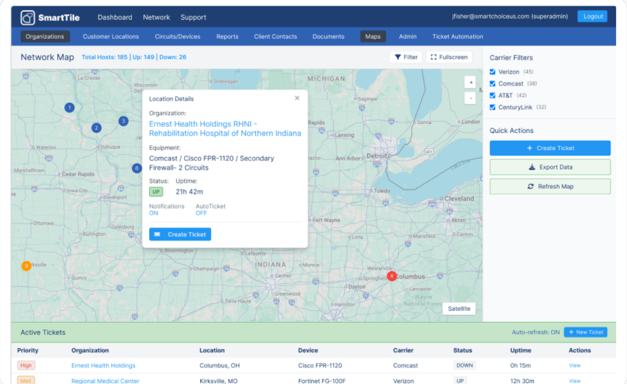 Network map interface displaying data and location details