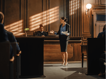 Female lawyer presenting case in elegant courtroom setting