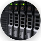 Close-up of active server rack with glowing indicator lights