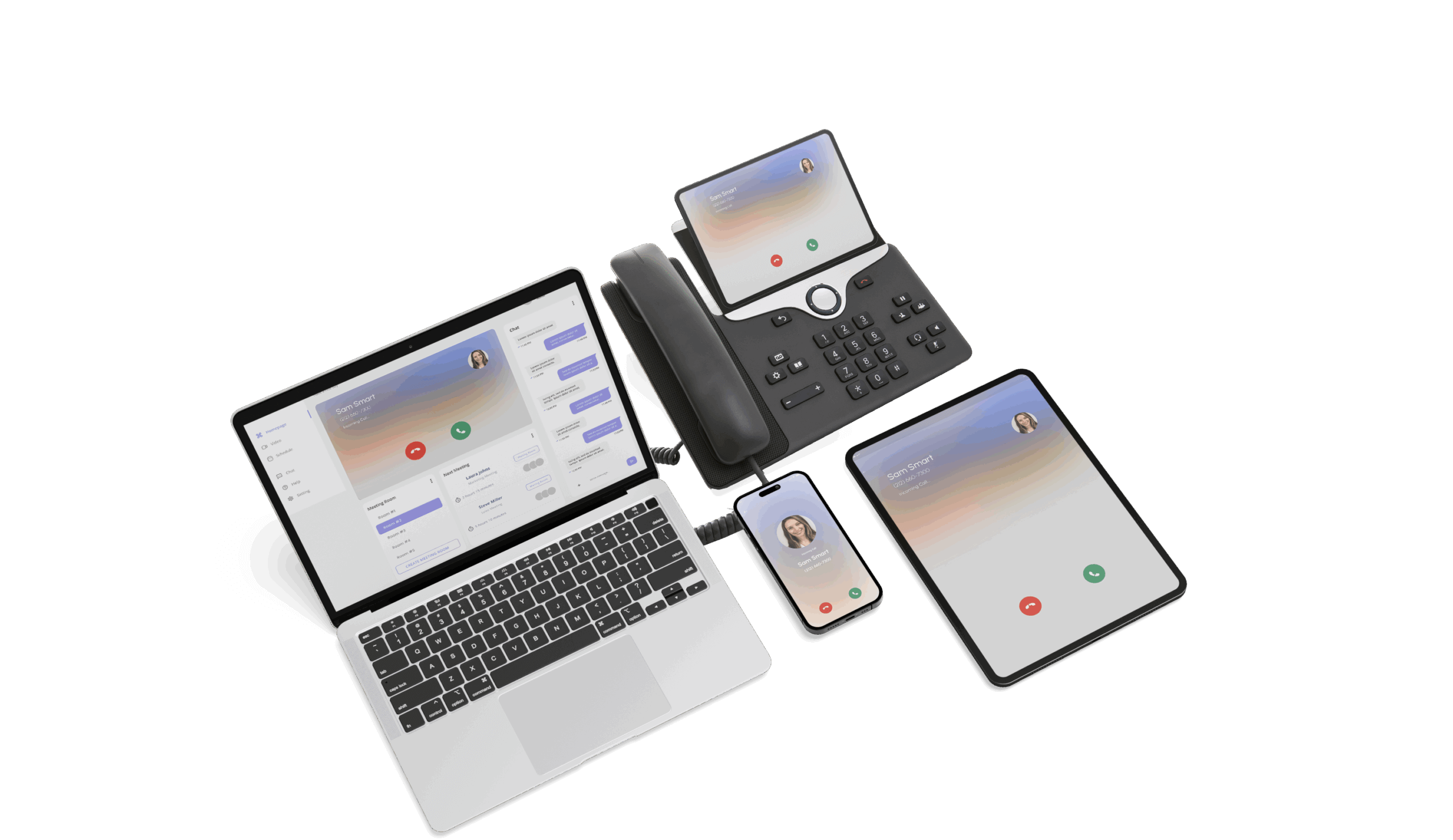 Devices with video call interface on laptop tablet and phone