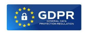 GDPR logo with blue background and EU stars in a circle