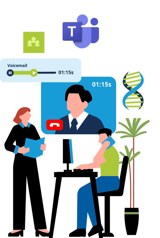 Illustration of a virtual team meeting with various tech elements