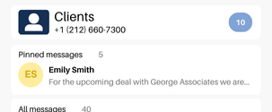 Client contact inbox with a pinned message preview visible