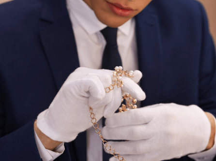 Jewelry expert carefully inspecting a delicate gold necklace