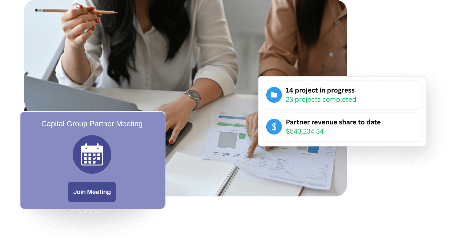 Team reviewing project updates during partner meeting presentation
