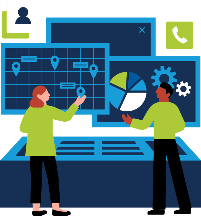 Two people analyzing data on digital screens and maps