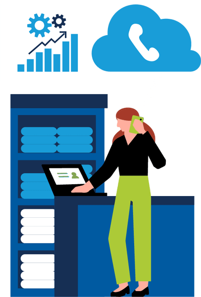 Woman using mobile phone in office with data and call icons