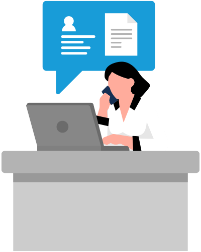 Office worker on phone with computer and documents background