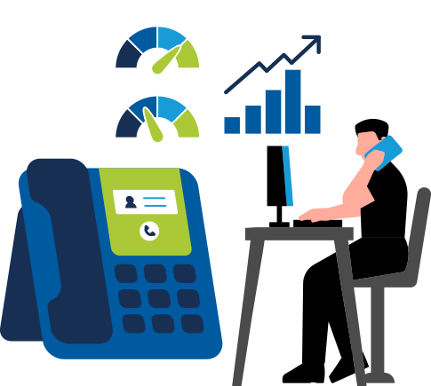 Person analyzing telecom data and talking on phone