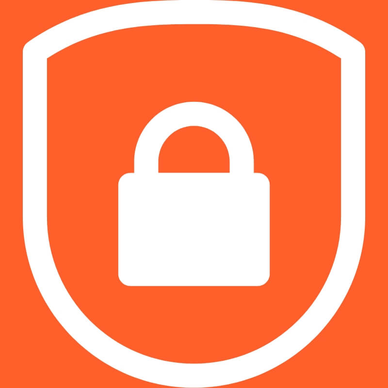 Orange shield with a white padlock symbol for security concept