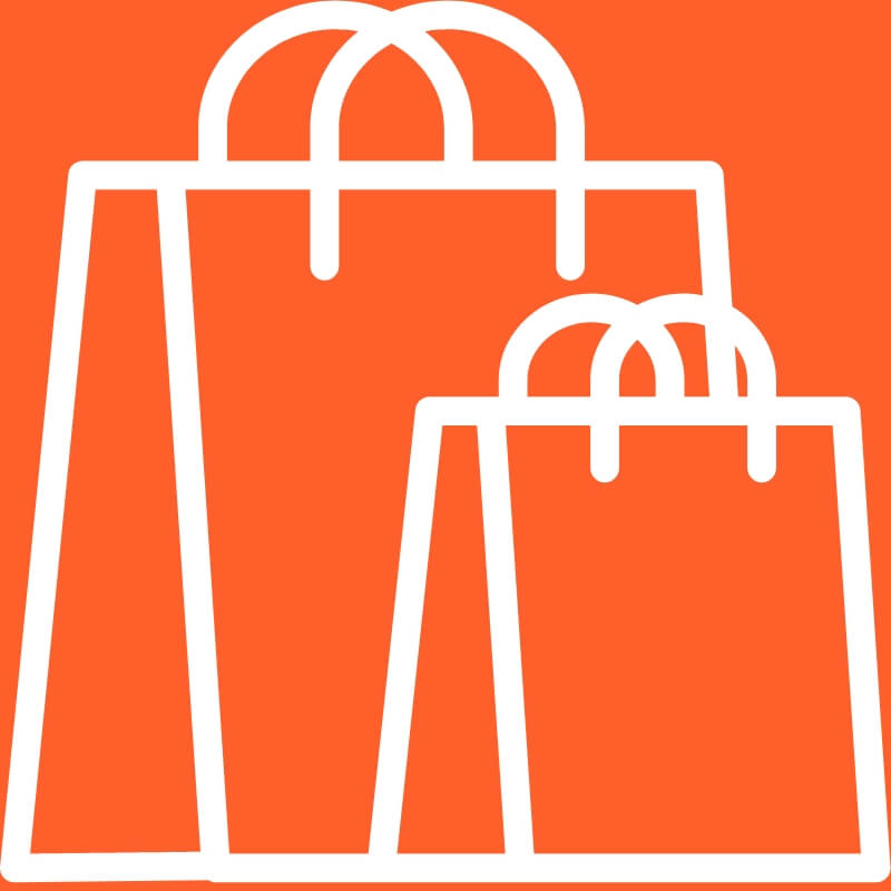 Orange background with two white shopping bag icons