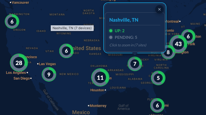Map highlighting device status in multiple US cities