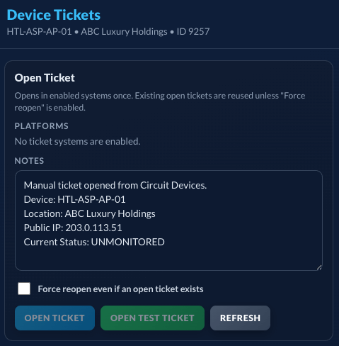 Device Tickets Dashboard with Open Ticket Details Displayed