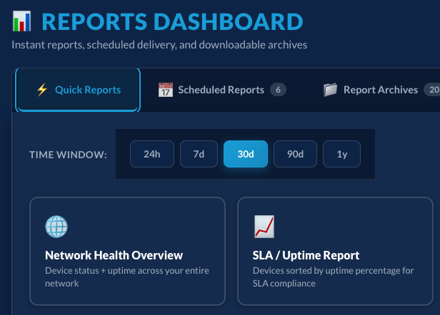 Dashboard showing network health and uptime reports