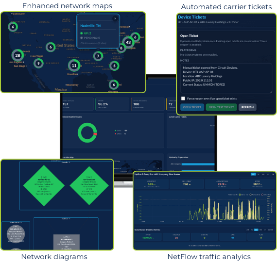 Network monitoring interface showcasing maps and analytics data