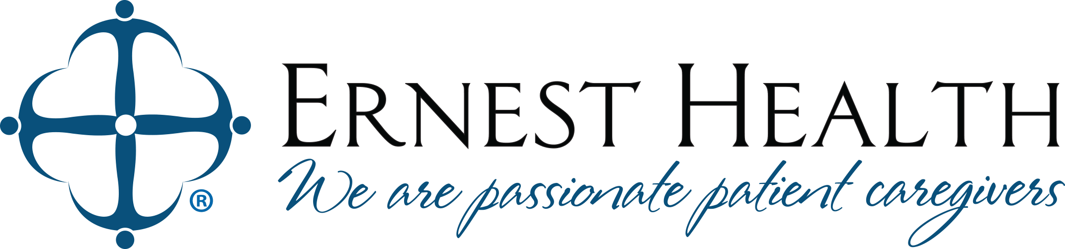 Ernest Health logo with patient caregiver tagline in blue font
