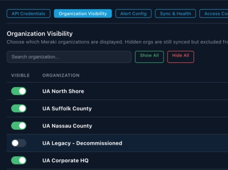 Dashboard showing organization visibility settings in Meraki.