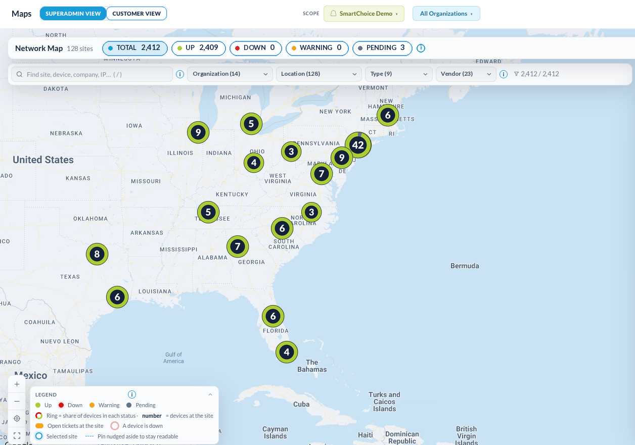 SmartTile network map showing site clusters along the East Coast, Texas and Florida