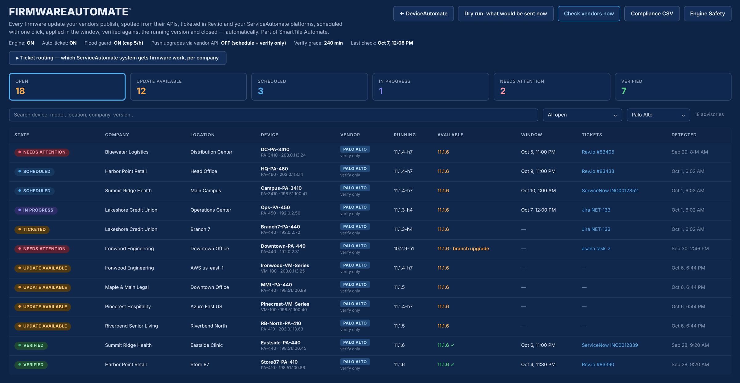 SmartTile FirmwareAutomate view of PAN-OS advisories for Palo Alto firewalls, including a flagged branch upgrade and verified upgrades (sample data)